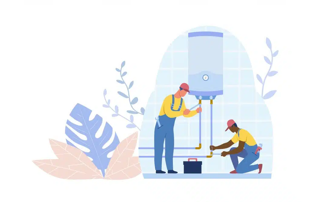 Plumbers repair a tankless water heater