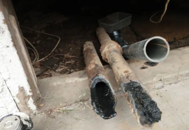 Old, clogged plumbing pipes with a clear PVC replacement, illustrating the results of effective drain cleaning services.