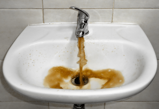 Rust and sediment-filled water flowing from a bathroom faucet, illustrating the urgent problems addressed by emergency plumber services