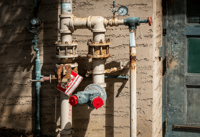Complex array of gas pipes and valves with safety tags on an outdoor wall, typical in the work of a gas plumber