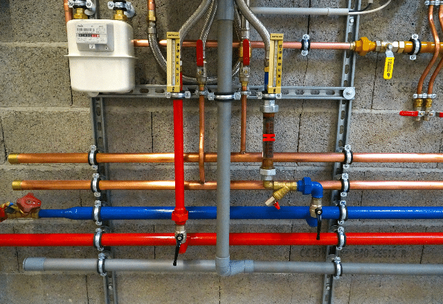 Color-coded gas pipes neatly organized on a utility room wall, showcasing the precise work of a professional gas plumber