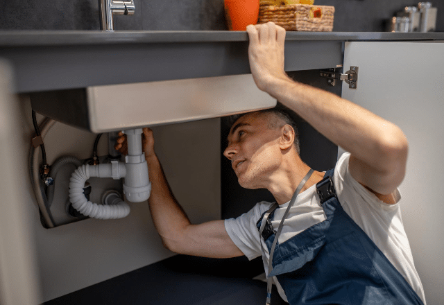 Plumber checking the pipes under a kitchen sink during the installation of a new faucet, an essential step in kitchen faucet setup