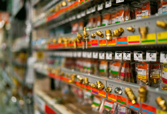 Shelves stocked with brass plumbing fittings and valves, with price tags visible, in a Sacramento plumbing supply store