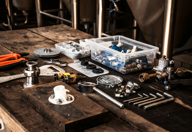 A diverse array of plumbing parts and tools, including valves and wrenches, scattered on a workbench, found in a Sacramento plumbing supply shop