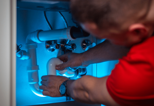 Plumber working under a kitchen sink with blue light highlighting, representing emergency plumbing services available in Sacramento