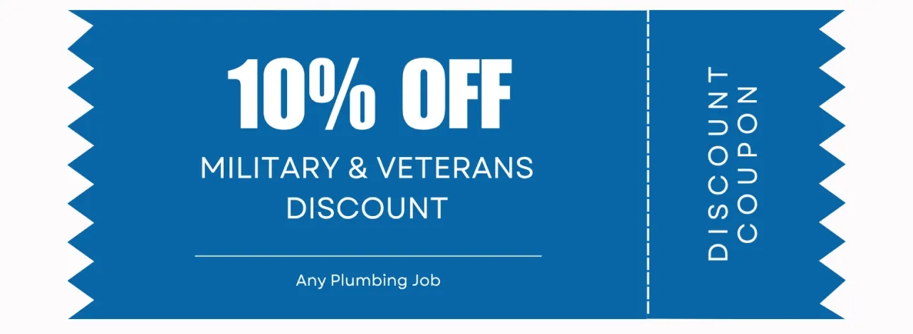 Promotional banner offering a 10% discount for military and veterans on plumbing jobs.