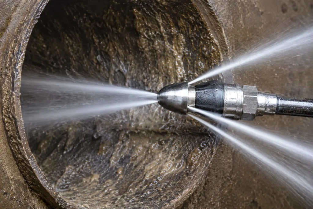 High-pressure hydro-jetting equipment cleaning a severely clogged residential sewer pipe