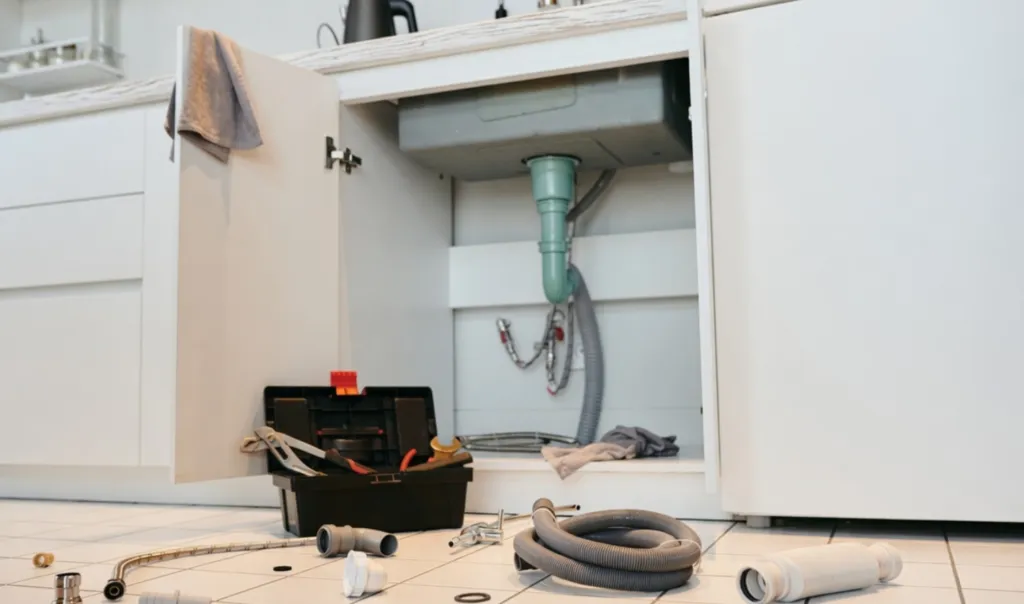P-trap and drainage plumbing professionally installed under a kitchen cabinet sink