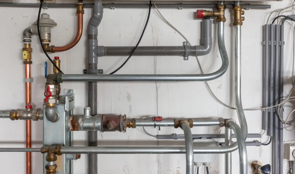 Exposed wooden framing showing newly installed PEX and copper pipes for whole-home repiping
