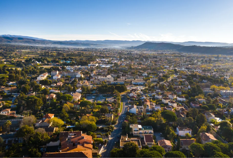 Aerial view of residential neighborhoods in the Sacramento area at sunrise