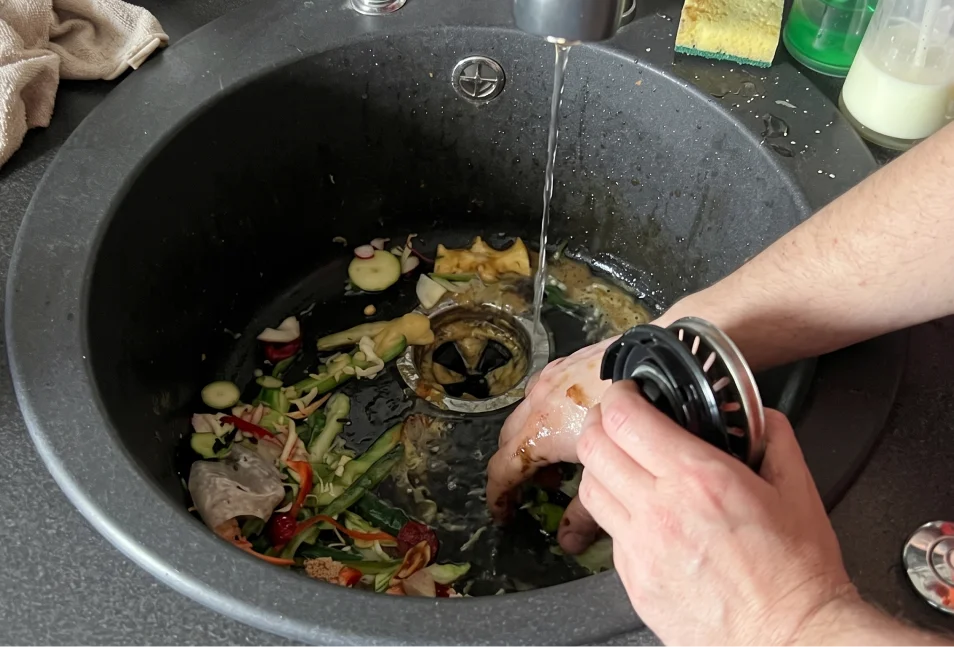 Hand removing the splash guard from a garbage disposal in a sink full of food scraps