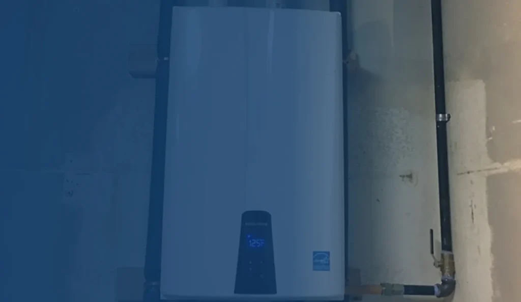 Wall-mounted tankless water heater with gas supply line